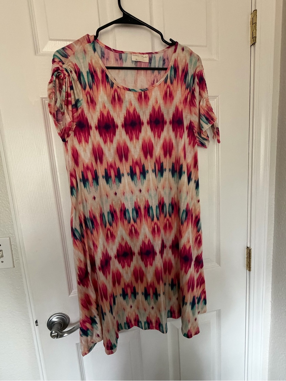 Bobbie Brooks Pink and Teal Ikat Print Mini Dress